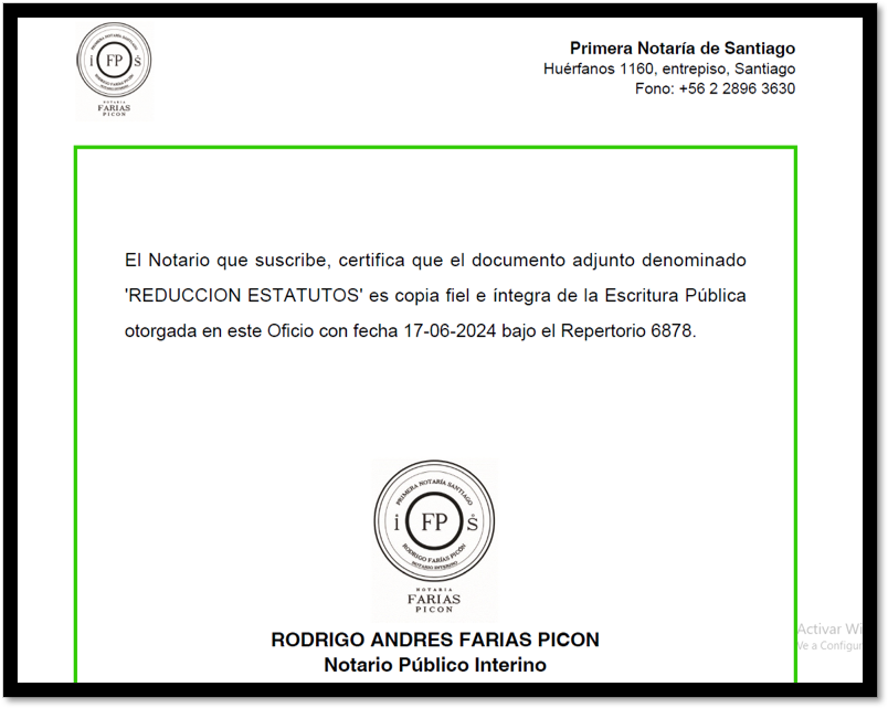 En este momento estás viendo REDUCCION ESTATUTOS de la Escritura Pública 17-06-2024 bajo el Repertorio 6878.